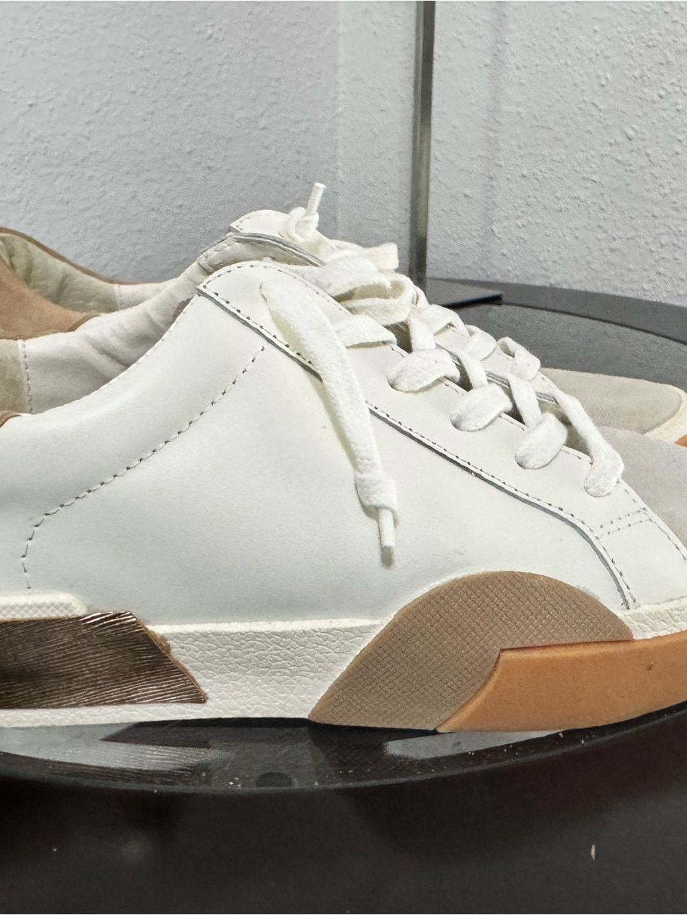 Dolce Vita White Leather Lace-Up Sneakers with Tan & Brown Sole Accents